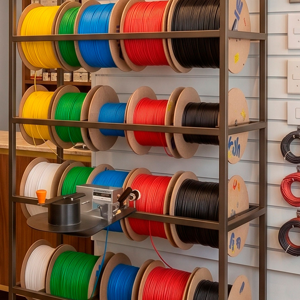 Visão aproximada e em ângulo de um suporte metálico com quatro prateleiras organizadas na loja Allwatts Comercial Elétrica. O expositor armazena carretéis de madeira com fios e cabos elétricos coloridos nas cores amarelo, verde, azul, vermelho, preto e branco. Na terceira prateleira, há um contador e medidor mecânico de metragem instalado para o corte dos cabos. Ao fundo, avista-se um painel canaletado branco com espelhos de interruptores e rolos de fios pendurados.