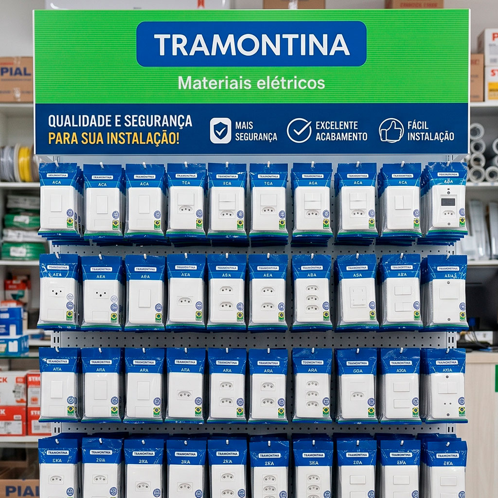 Visão frontal e detalhada de um painel expositor perfurado da marca Tramontina, organizado com diversos modelos de interruptores, tomadas e espelhos elétricos brancos em embalagens individuais penduradas em ganchos. No topo do expositor, há um painel verde e azul com a marca Tramontina Materiais Elétricos e os destaques "Mais Segurança", "Excelente Acabamento" e "Fácil Instalação".