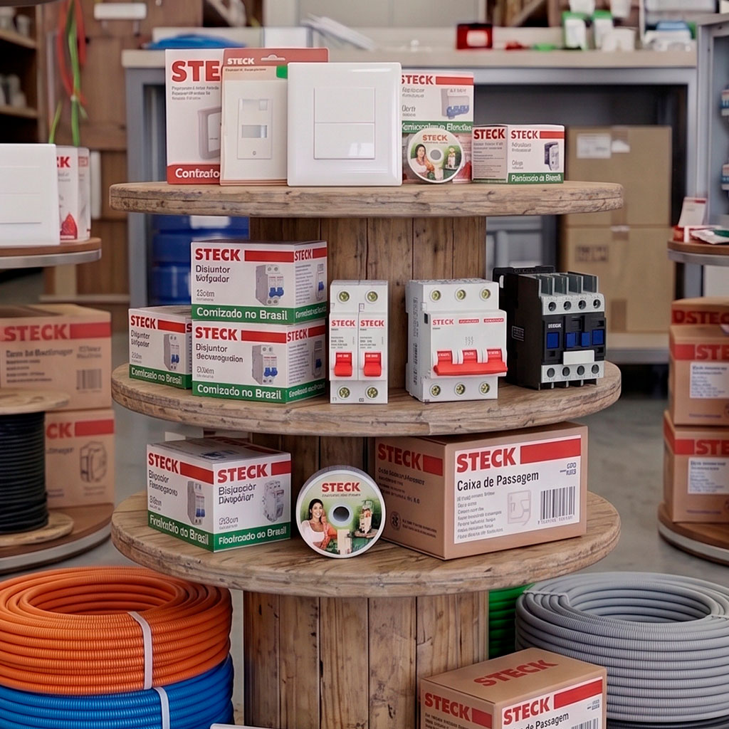 Expositor de madeira de três níveis em formato circular apresentando produtos elétricos da marca Steck na loja Allwatts Comercial Elétrica. No nível superior estão dispostas tomadas, interruptores e caixas pequenas de embalagem. No nível intermediário há disjuntores monopolares, bipolares e tripolares, junto a caixas organizadoras Steck. No nível inferior e ao redor da base encontram-se caixas de passagem e rolos de conduítes corrugados em cores alaranjada, azul e cinza.